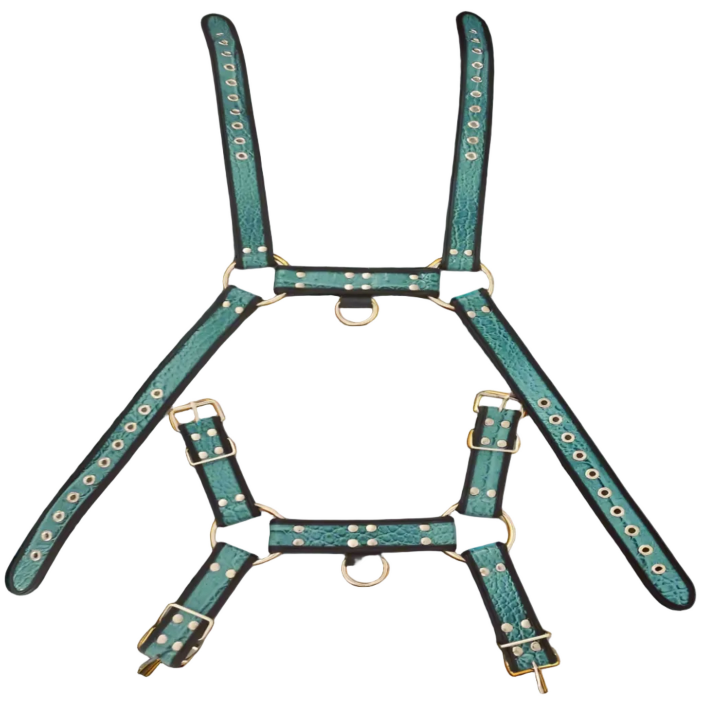 Aqua crocodile bulldog men's chest harness with gold hardware on a white background