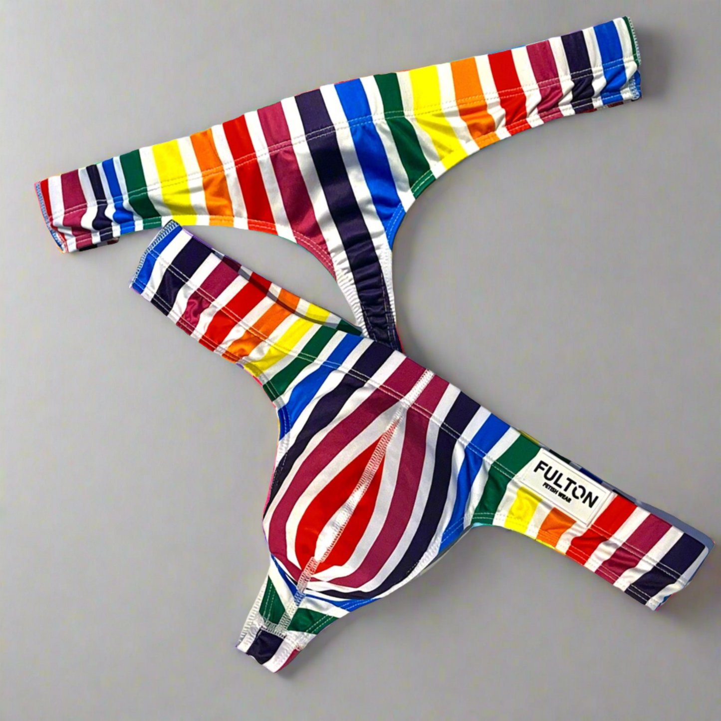 colorful rainbow striped thong front and back views
