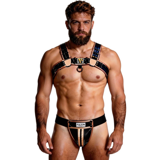 Man wearing a black harness with visible branding on a white background