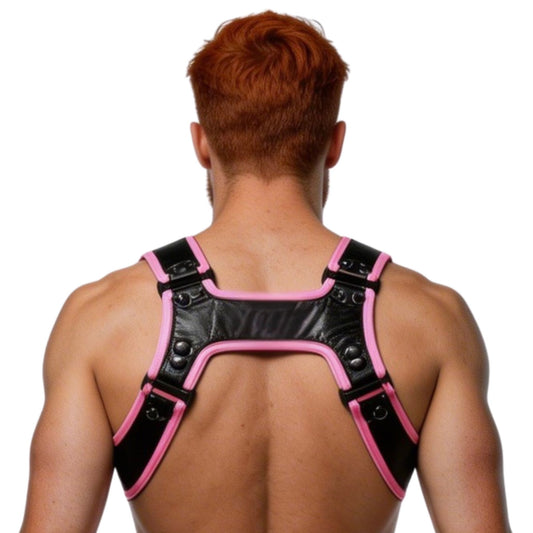 Person wearing a black and pink harness on a white background back view