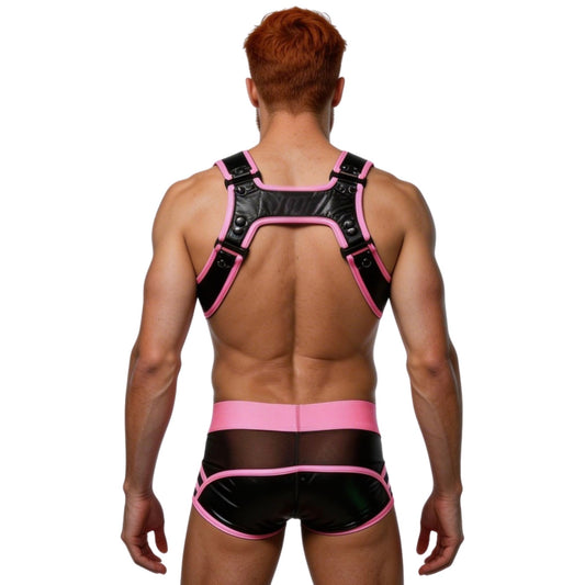 Man wearing a black and pink harness and underwear set on a white background