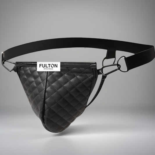 Men's black thong underwear with a quilted design and functional lobster clips, featuring the Fulton logo in a 3D silicone print at the center top.