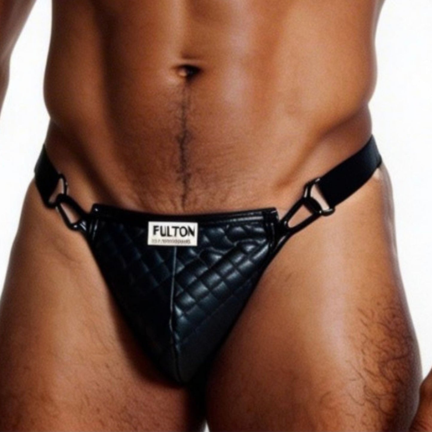 Black quilted men's underwear with 'Fulton' branding on a white background close up