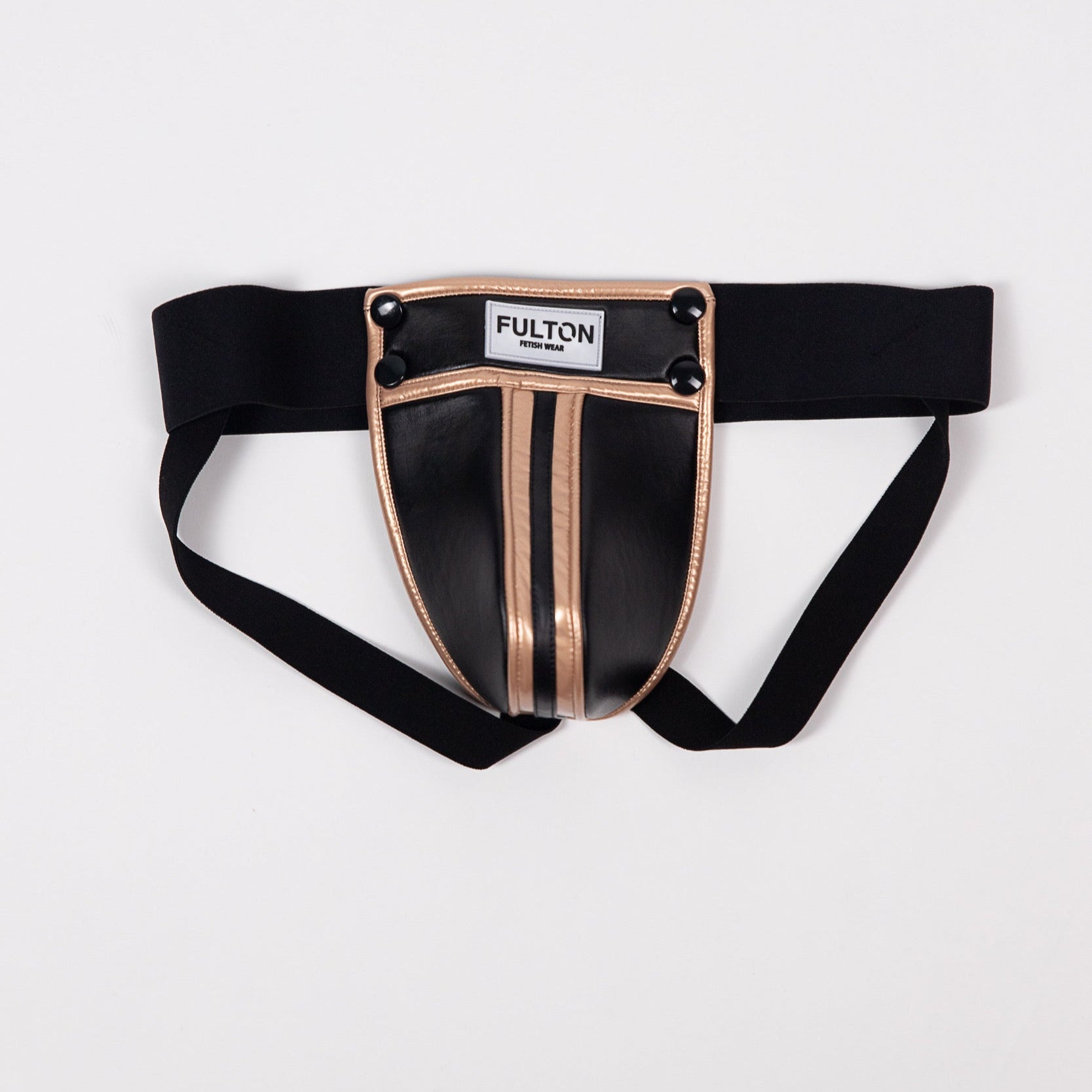Front detail view of gold metallic trim and black faux leather construction on jockstrap