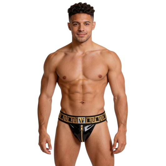 Man wearing a black and gold jockstrap on a white background