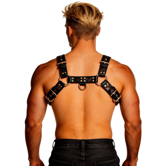 Man wearing a black lace pu leather harness on a white background