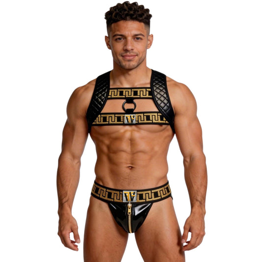Man wearing a black and gold harness and underwear set on a white background