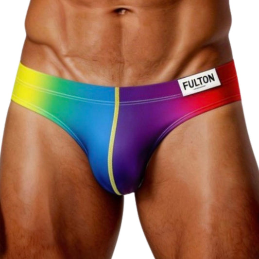 Rainbow-colored men's underwear with 'Fulton' branding on a white background