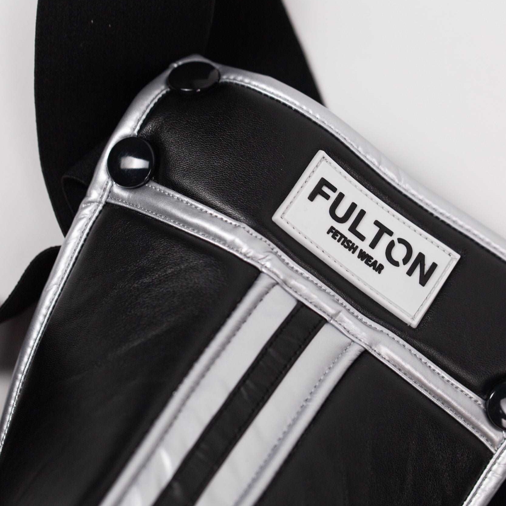 The Midnight Chrome Rebel Jockstrap in sleek chrome finish - close up detailed front view - Fulton Fetish Wear
