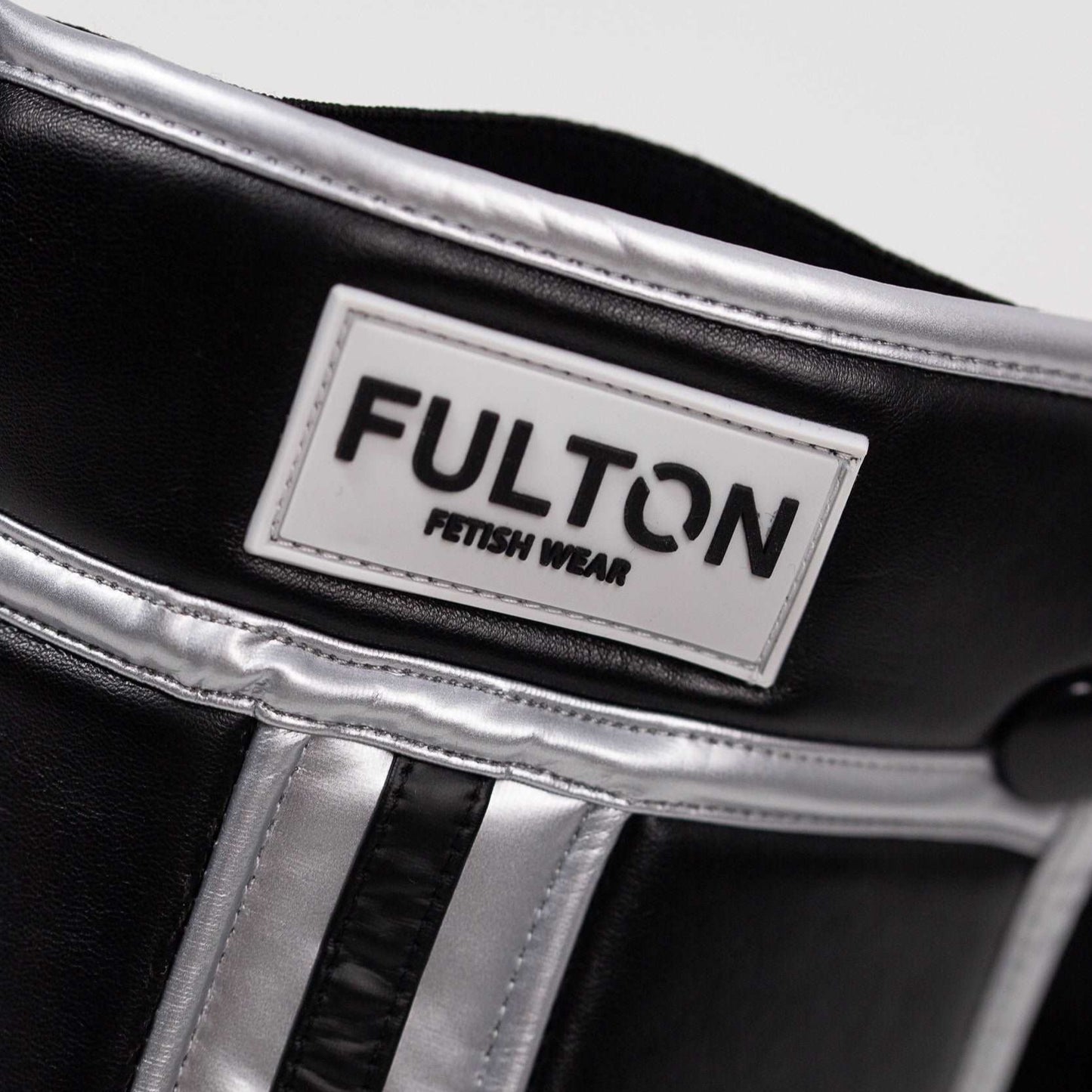 The Midnight Chrome Rebel Jockstrap in sleek chrome finish - close up detailed front view 2 - Fulton Fetish Wear"