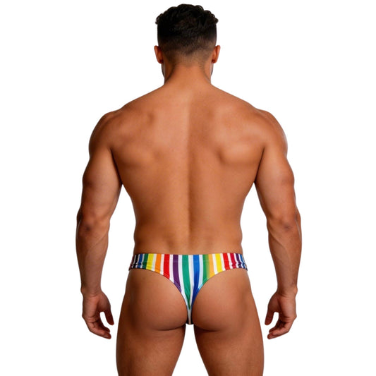 Man wearing a colorful striped thong back view on a white background