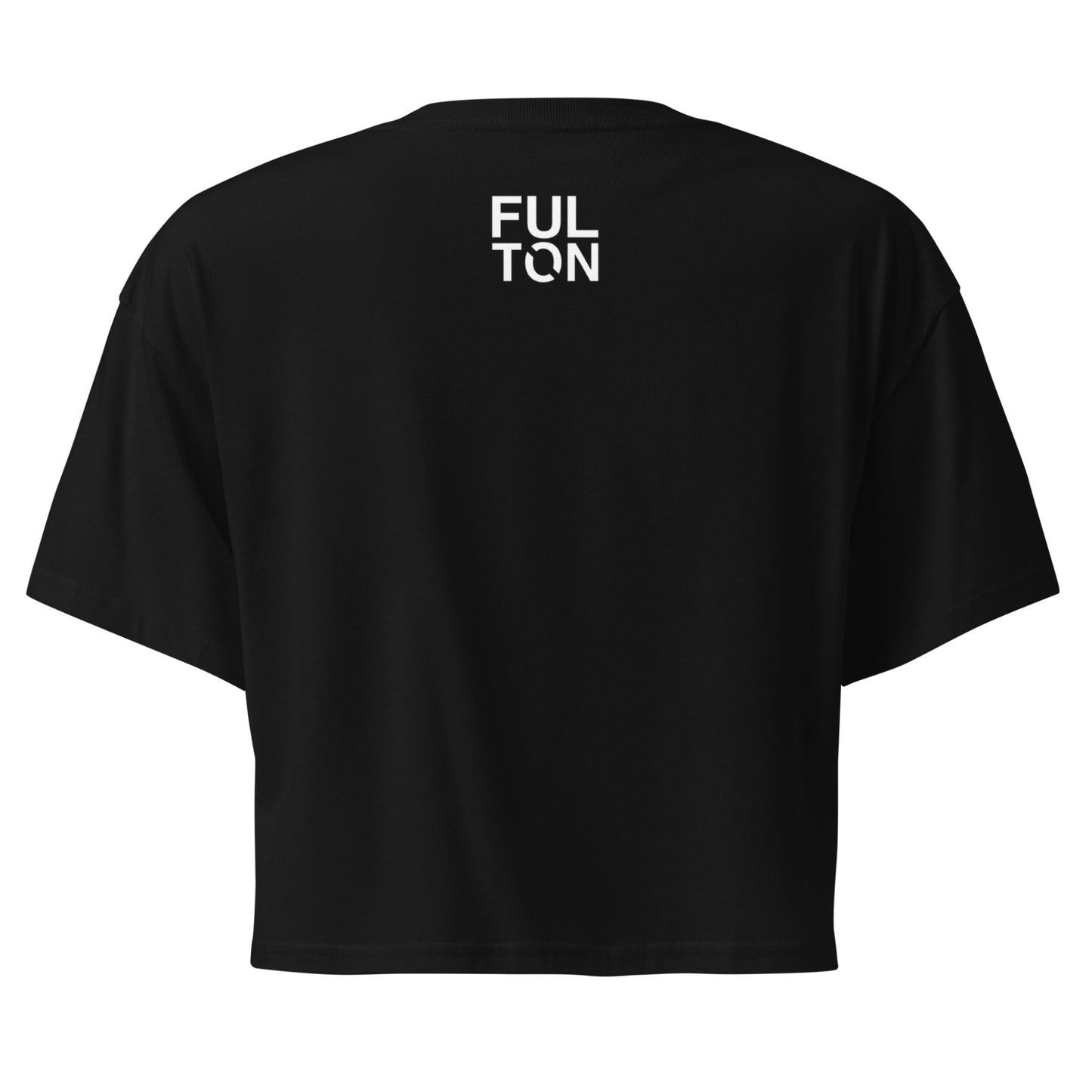 Black crop top t-shirt with 'FULTON' logo on the back against a white background