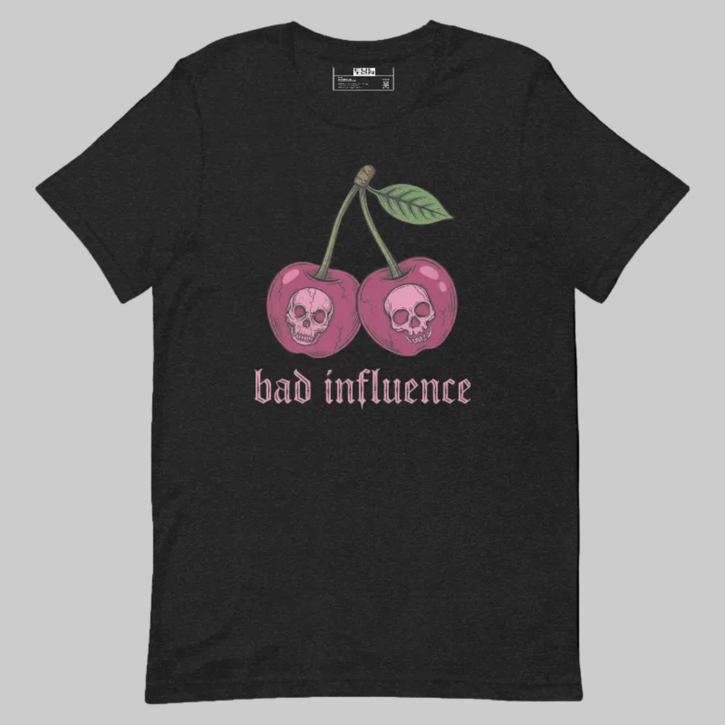 Black t-shirt with cherry design and 'bad influence' text on a white background