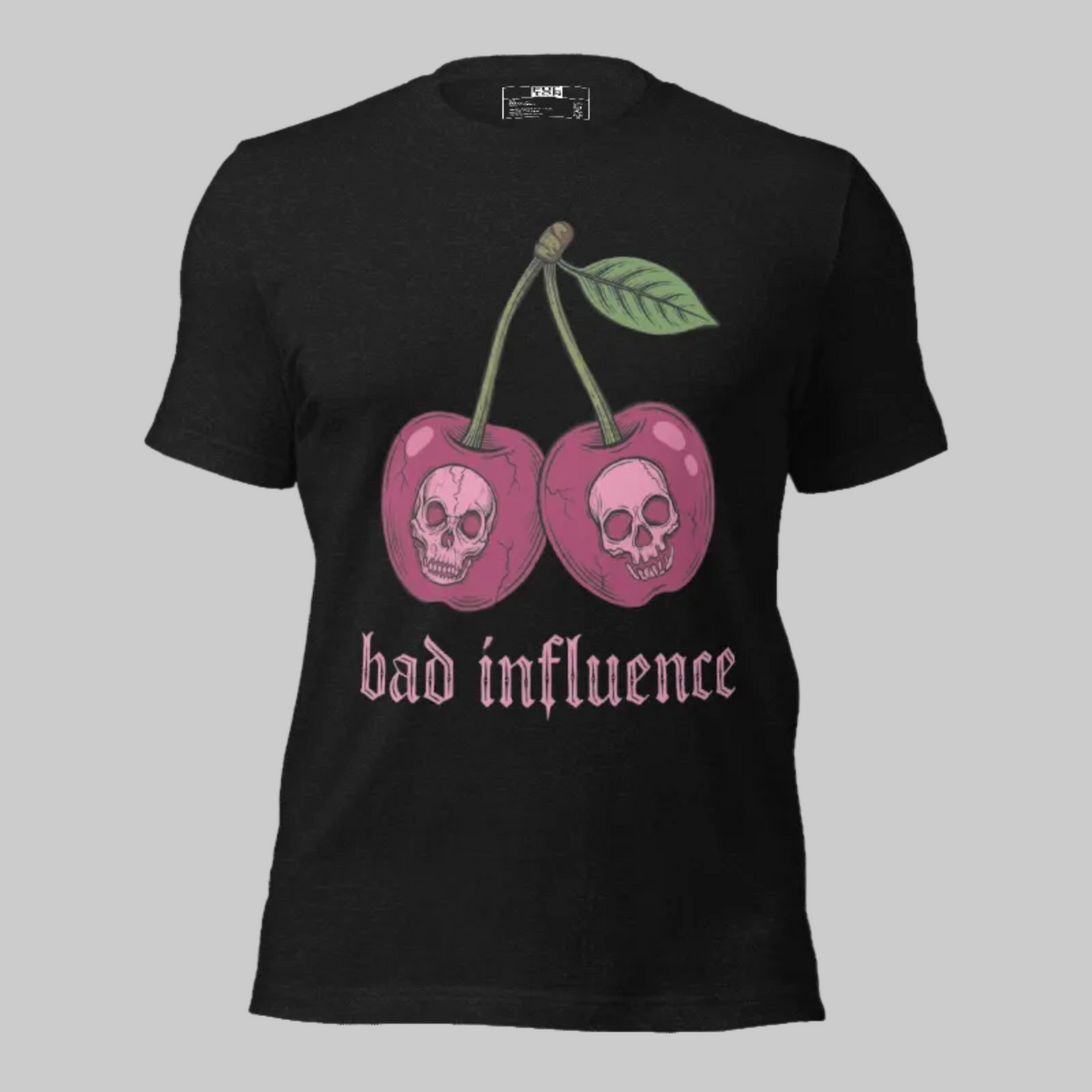 Black t-shirt with pink cherries and skulls design on a white background