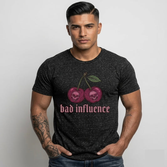 Man wearing a black t-shirt with cherry design and 'bad influence' text on a plain background