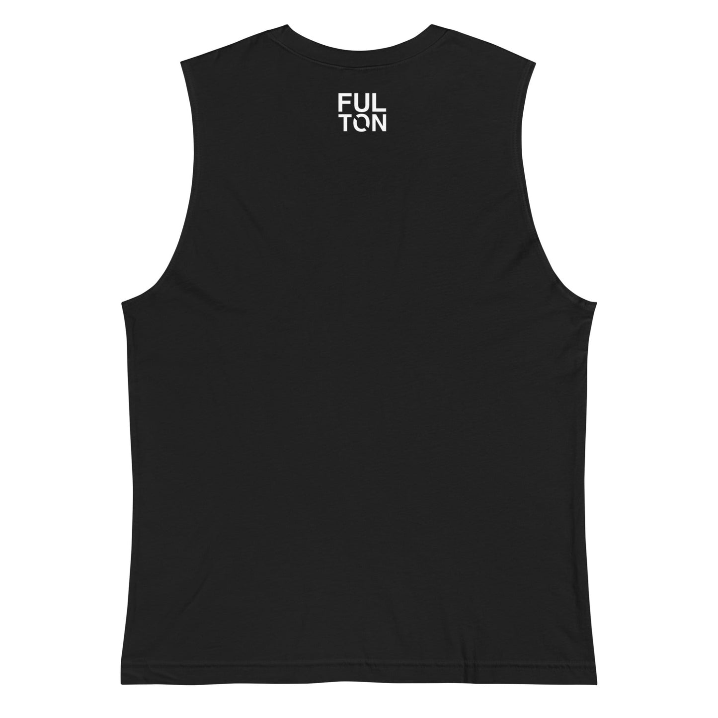 Black sleeveless shirt with 'FULTON' logo on the back against a white background
