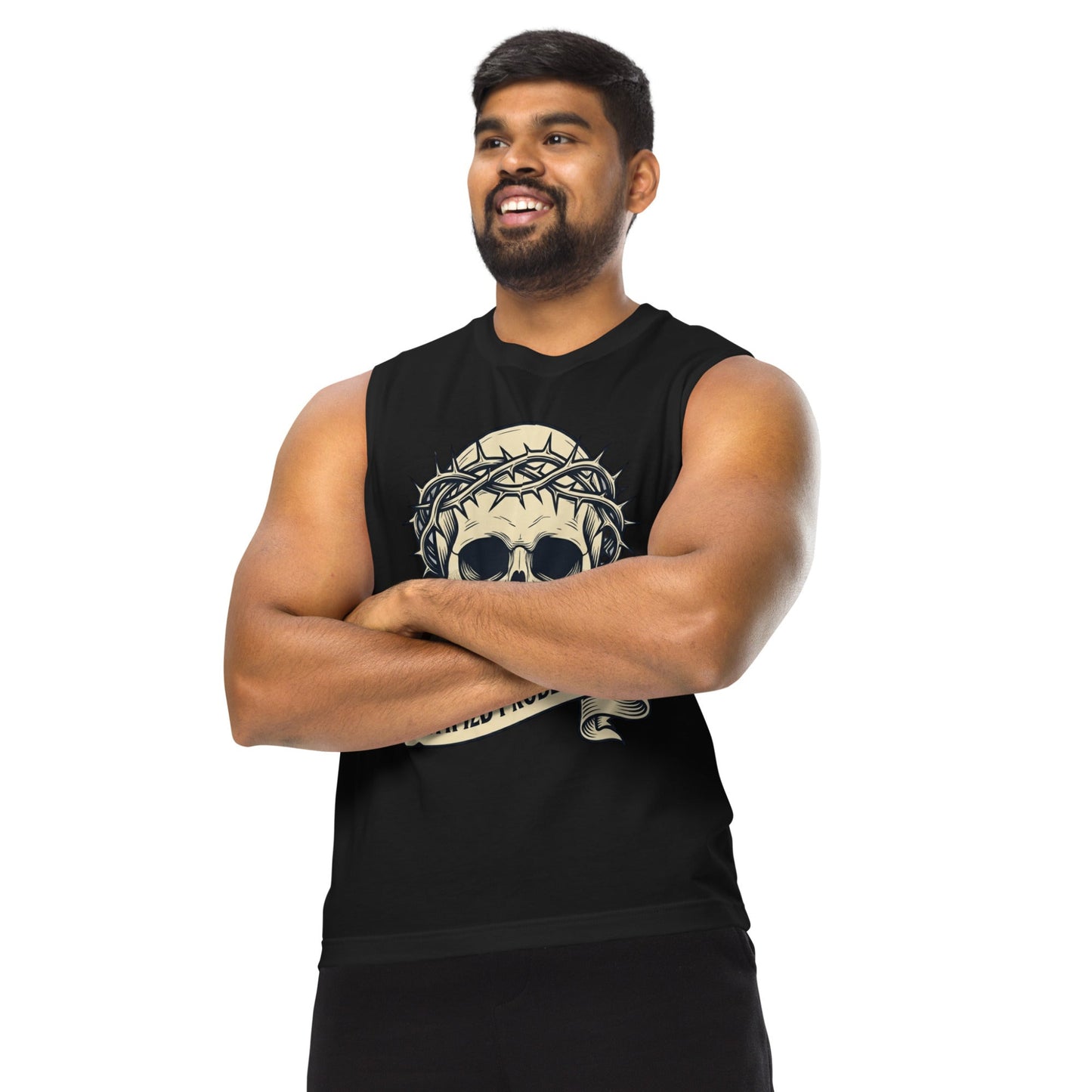 male model with his arms crossed earing the Certified Problematic Skull Graphic Muscle Tank in black