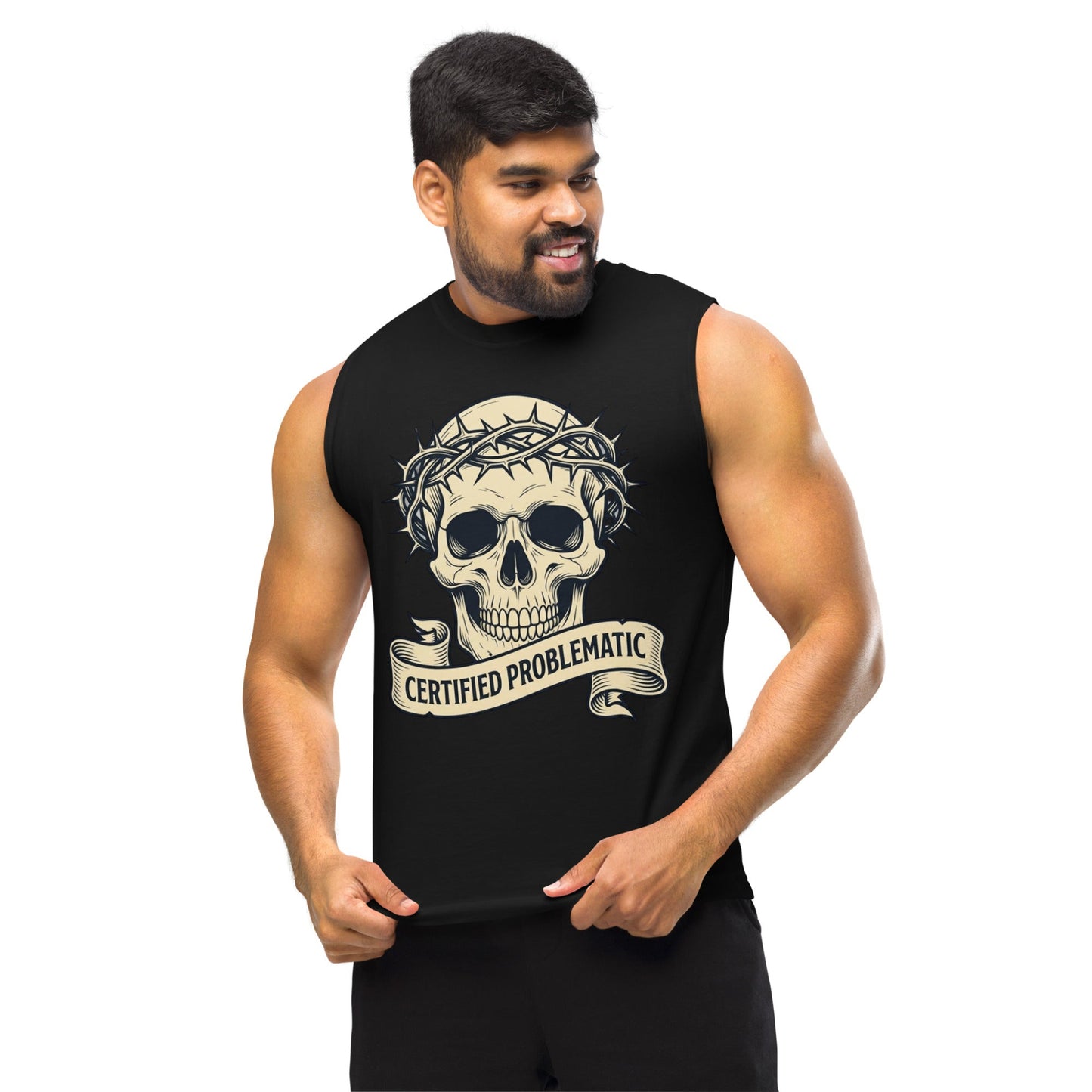 Male Model wearing the Certified Problematic Skull Graphic Muscle Tank in black  