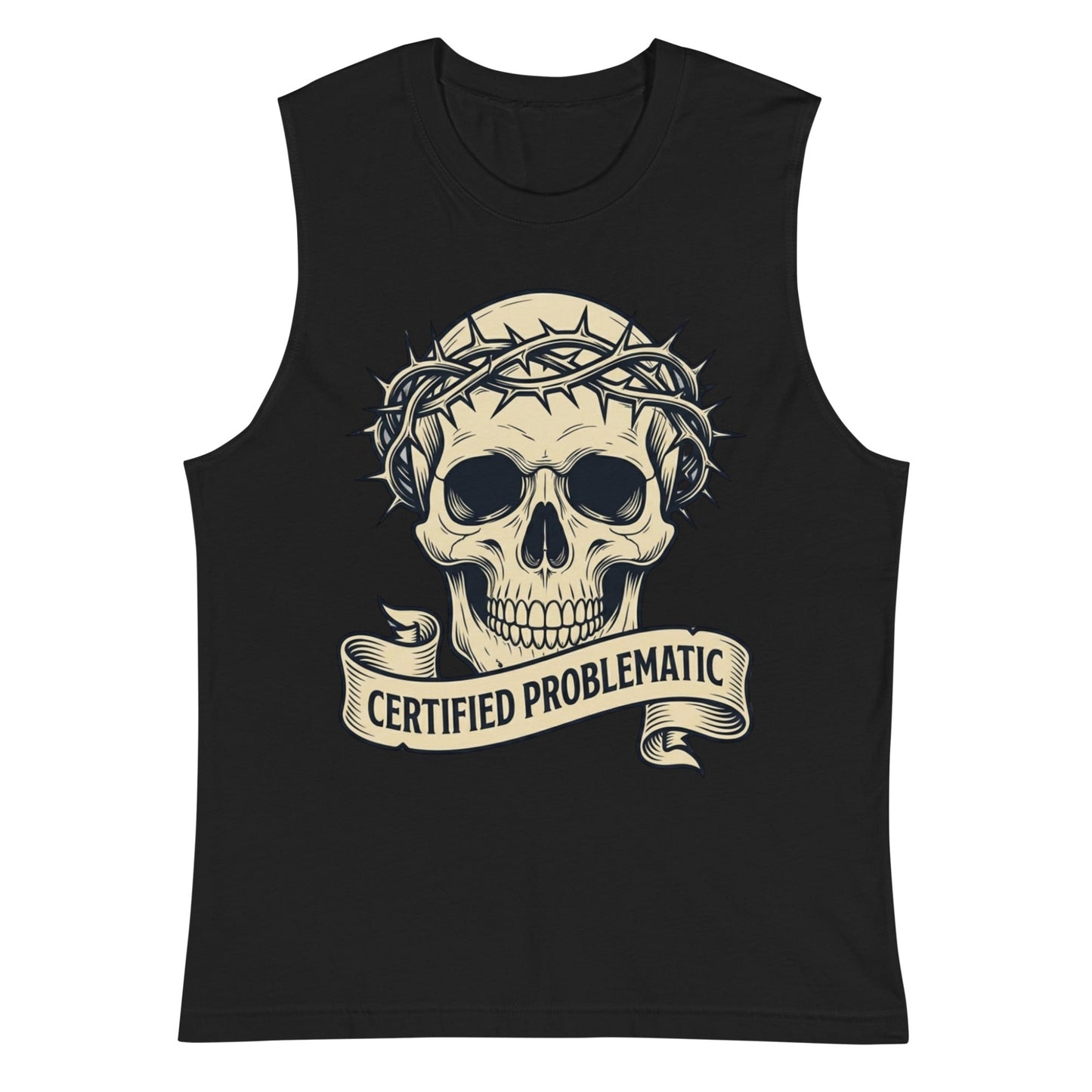 Flat Lay of the Certified Problematic Skull and thorn muscle tank in black