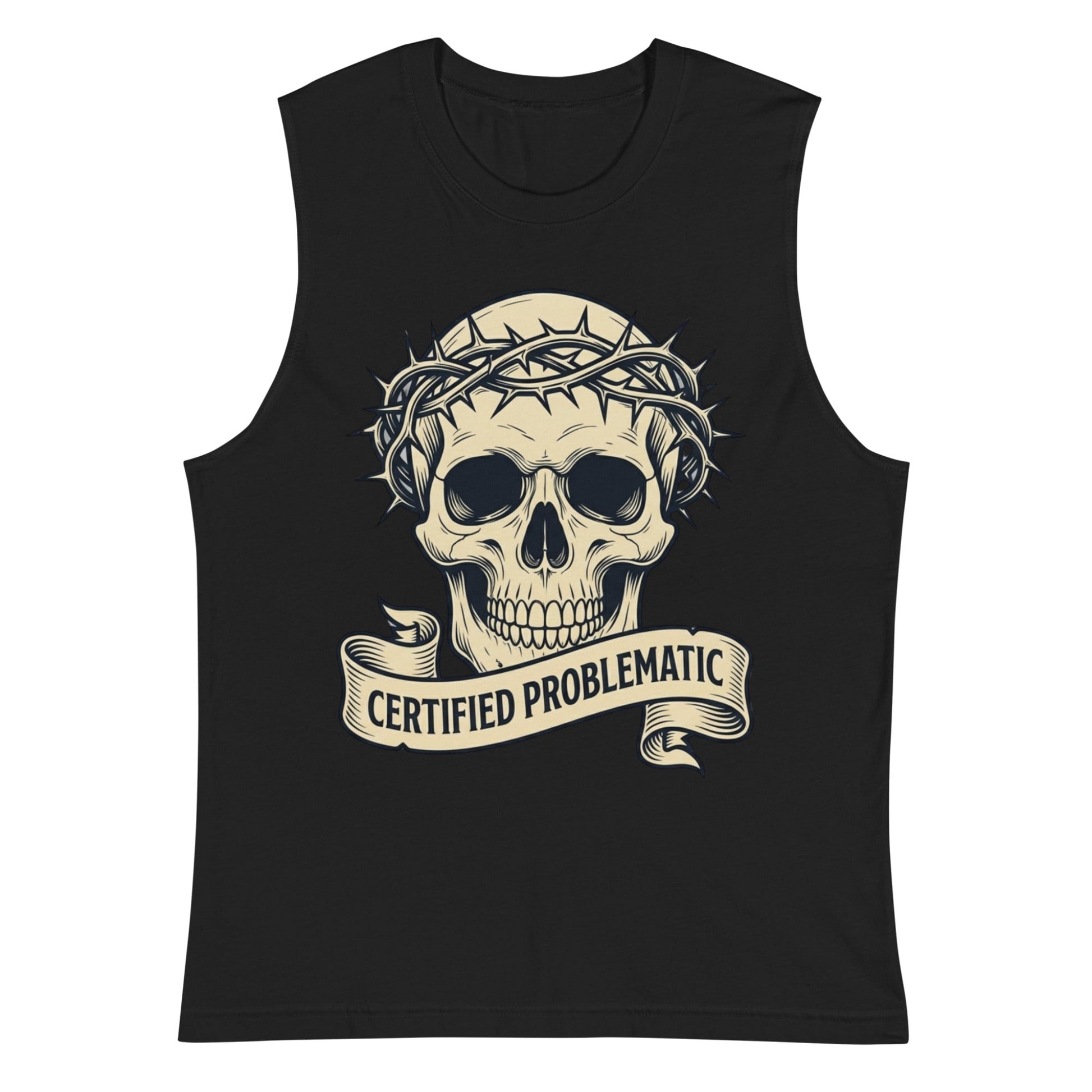 Flat Lay of the Certified Problematic Skull and thorn muscle tank in black