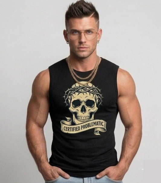 Man wearing a black sleeveless shirt with a skull design and text on a plain background