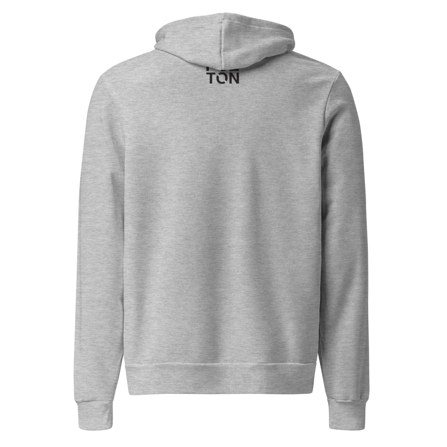 Grey Hoodie with black FULTON back logo on a white background 