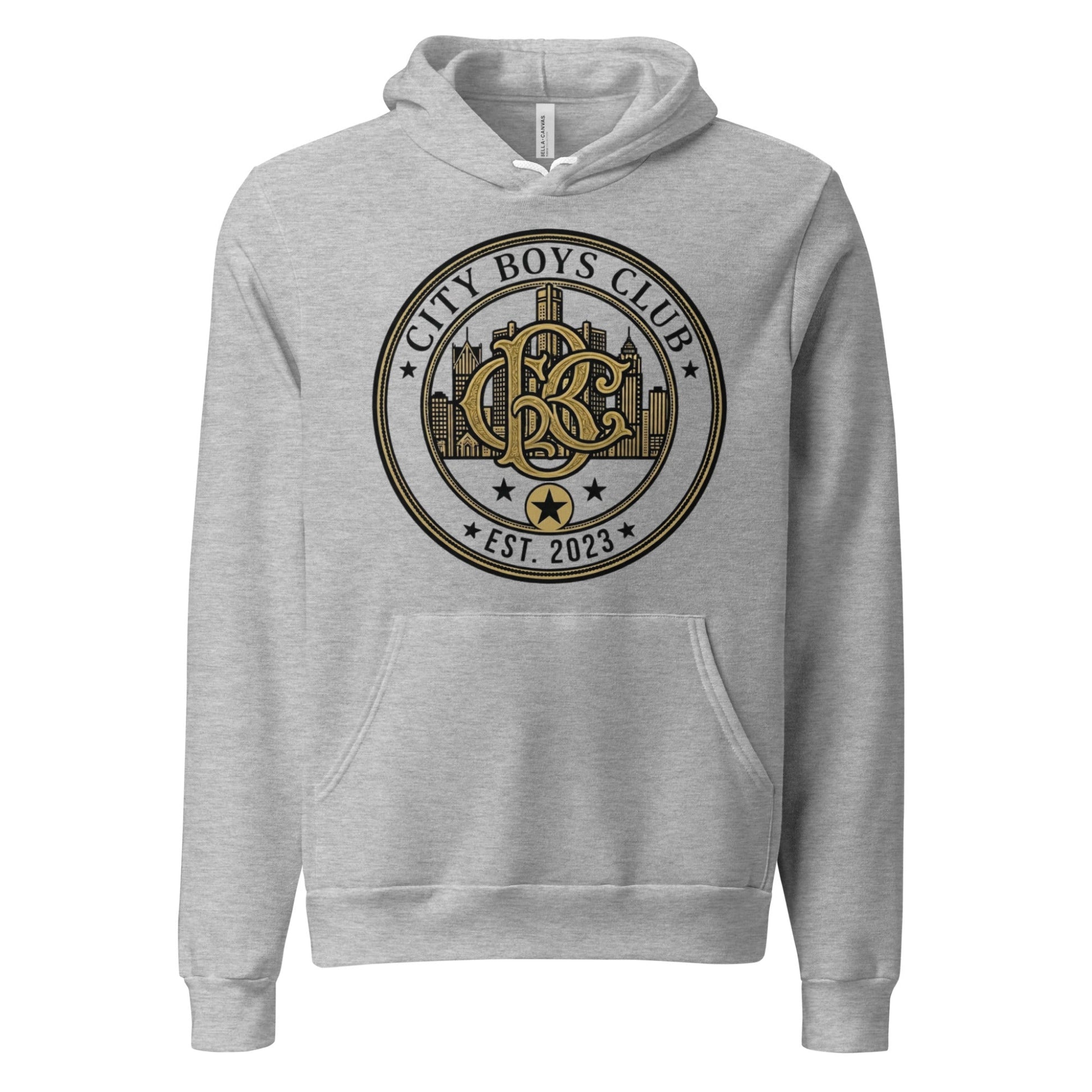 Grey hoodie with gold monogram and detroit city skyline