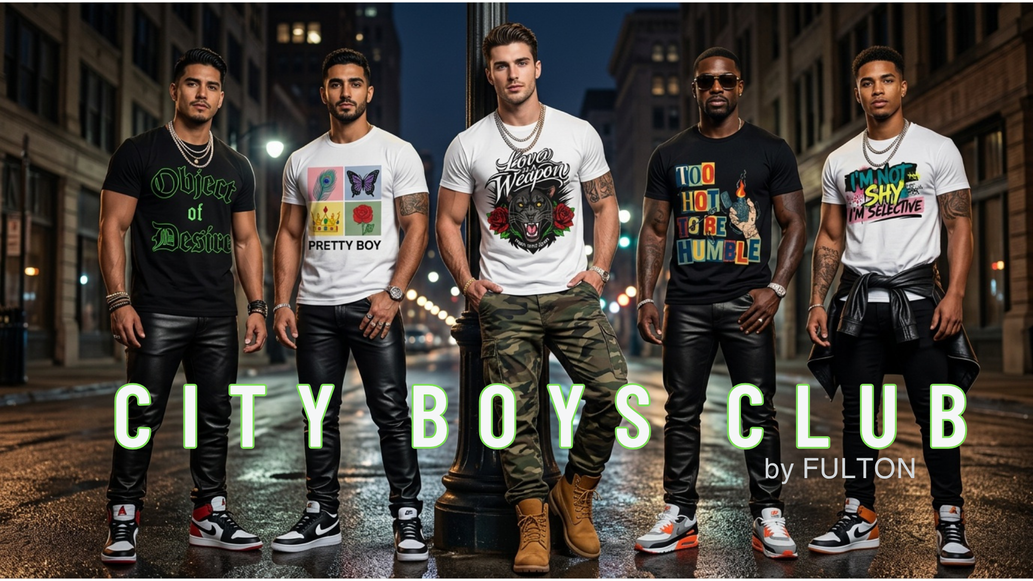 Five men wearing various graphic t-shirts with a cityscape background, featuring 'City Boys Club by Fulton'.