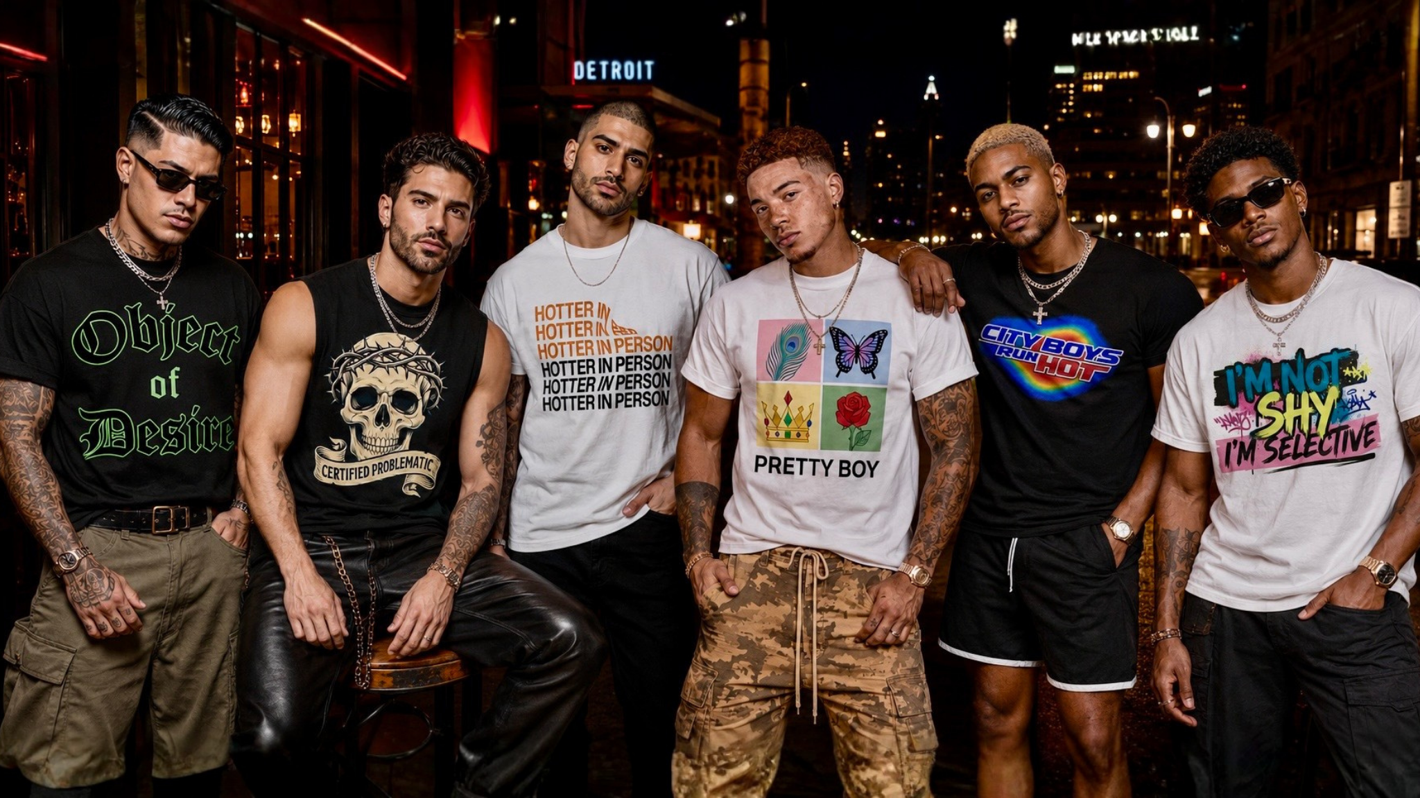 6 young men in graphic tees stand outside in the city of detroit as the background
