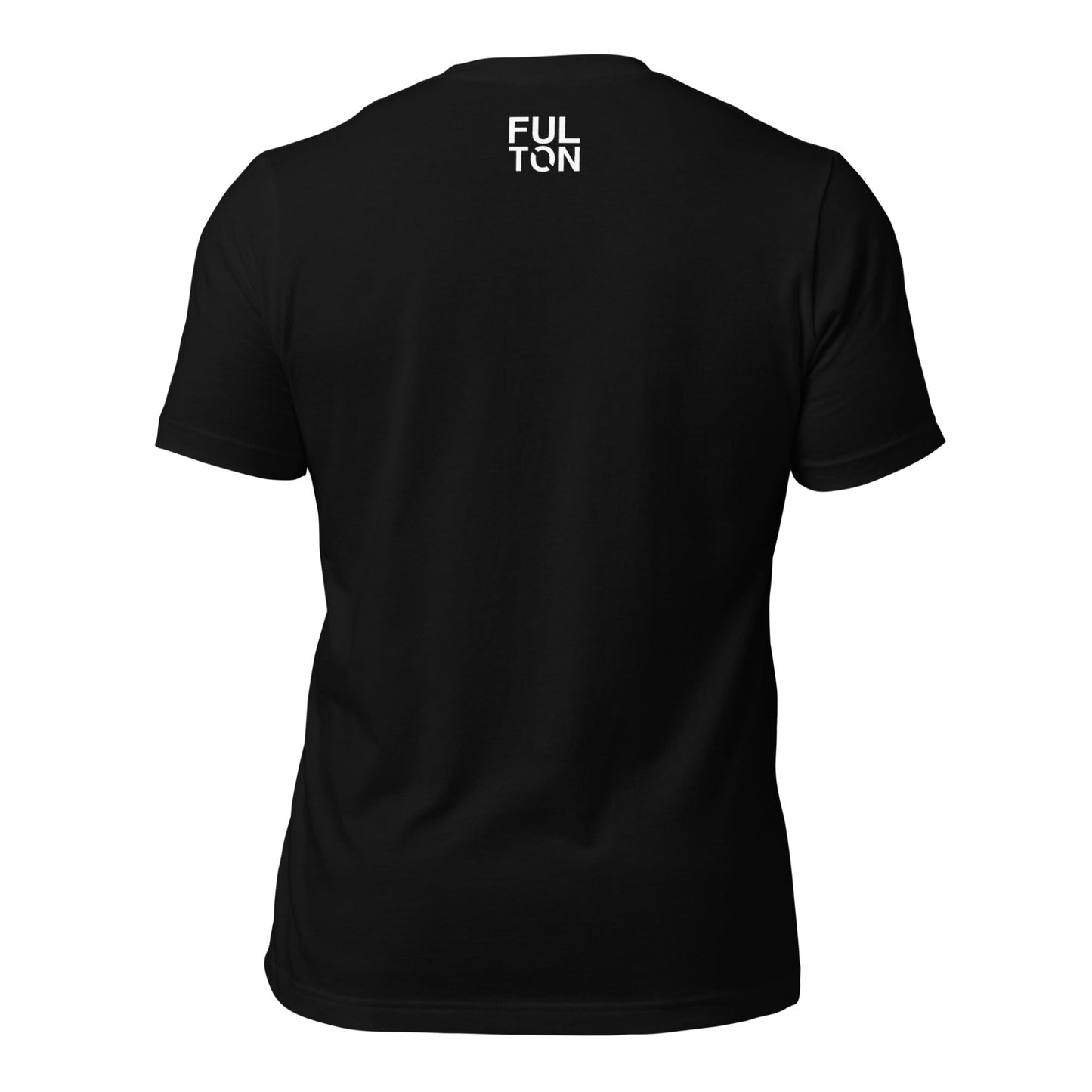 Black t-shirt with 'FULTON' logo on the back against a white background