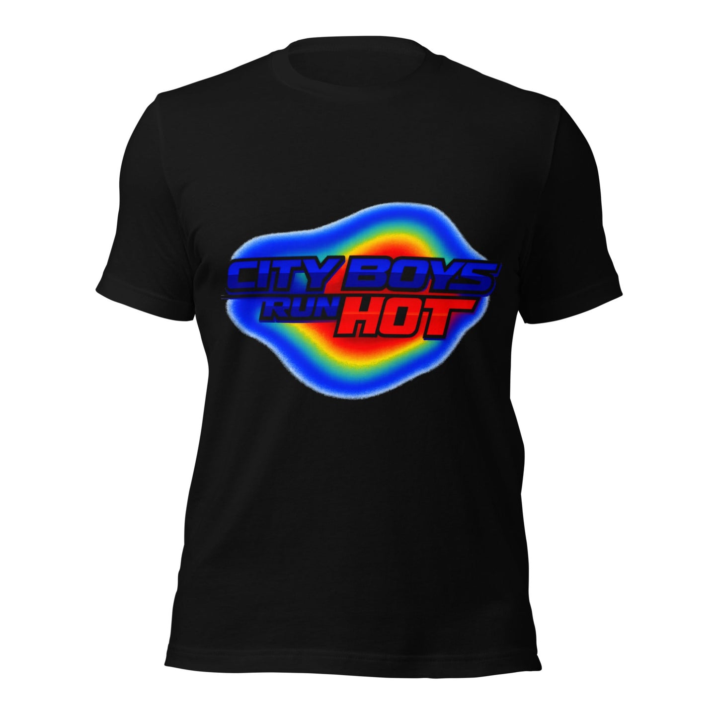 Black t-shirt with colorful 'City Boys Run Hot' graphic on a white background