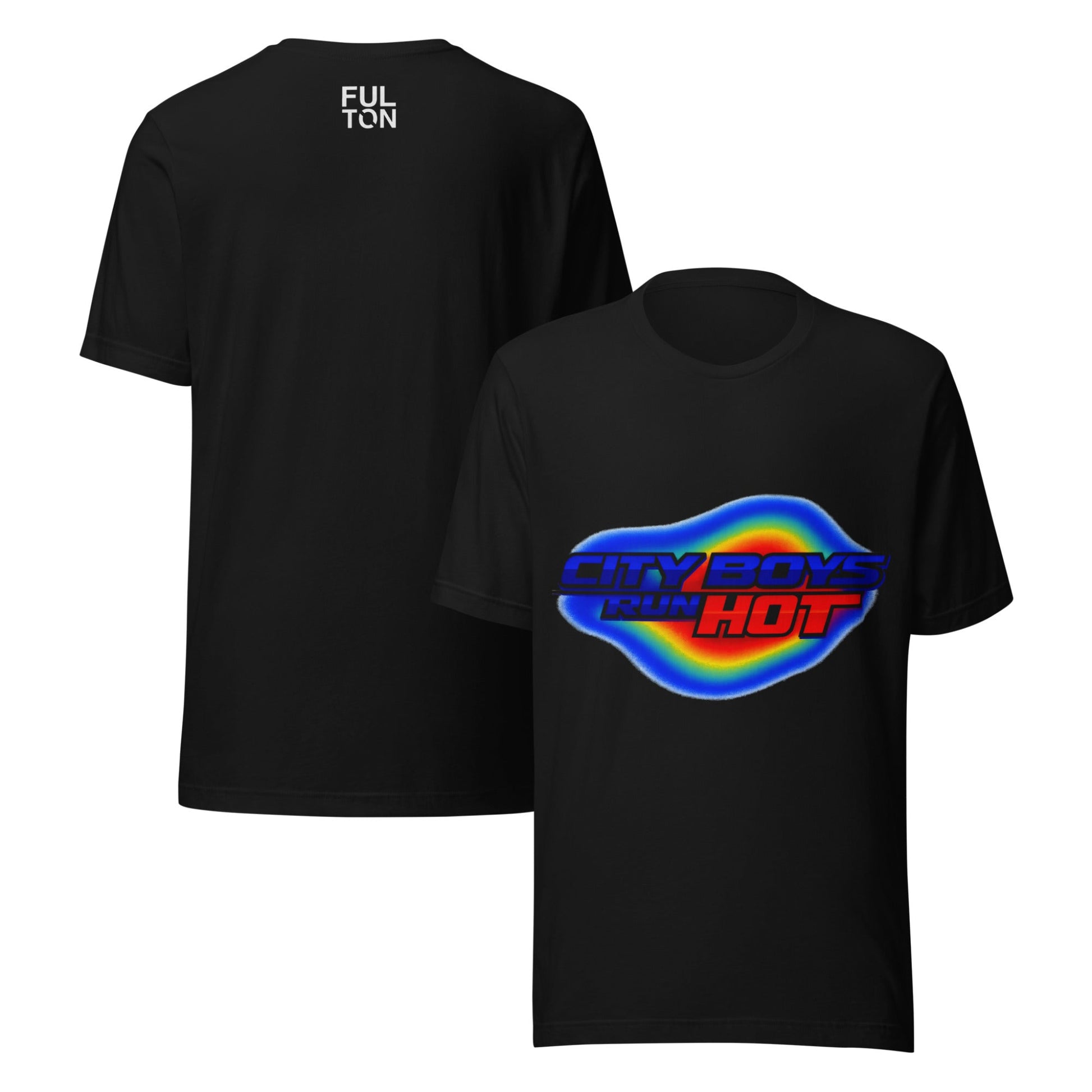 Black t-shirt with colorful graphic and text on a white background