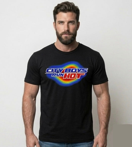 Man wearing a black t-shirt with colorful text design on a plain background