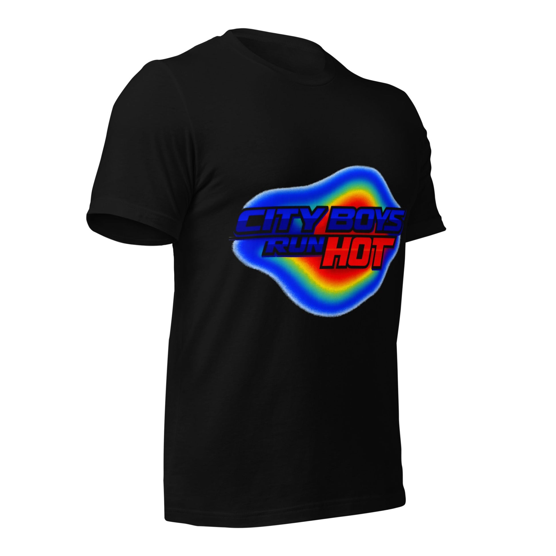 Black t-shirt with colorful thermal heat graphic design on a white background