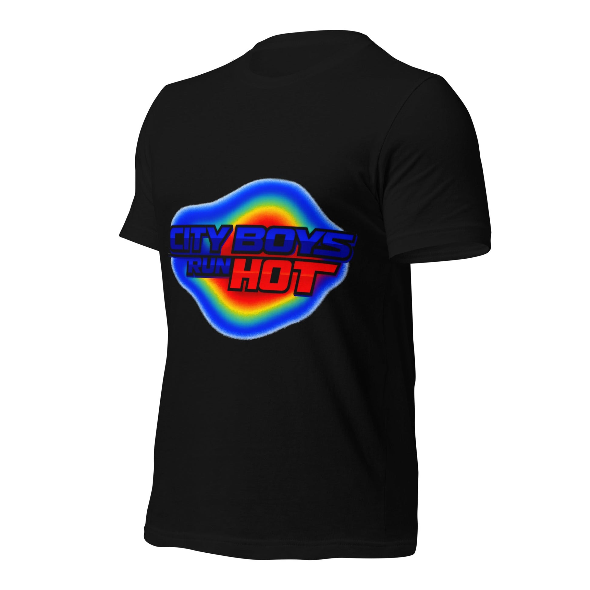Black t-shirt with colorful graphic and text on a white background
