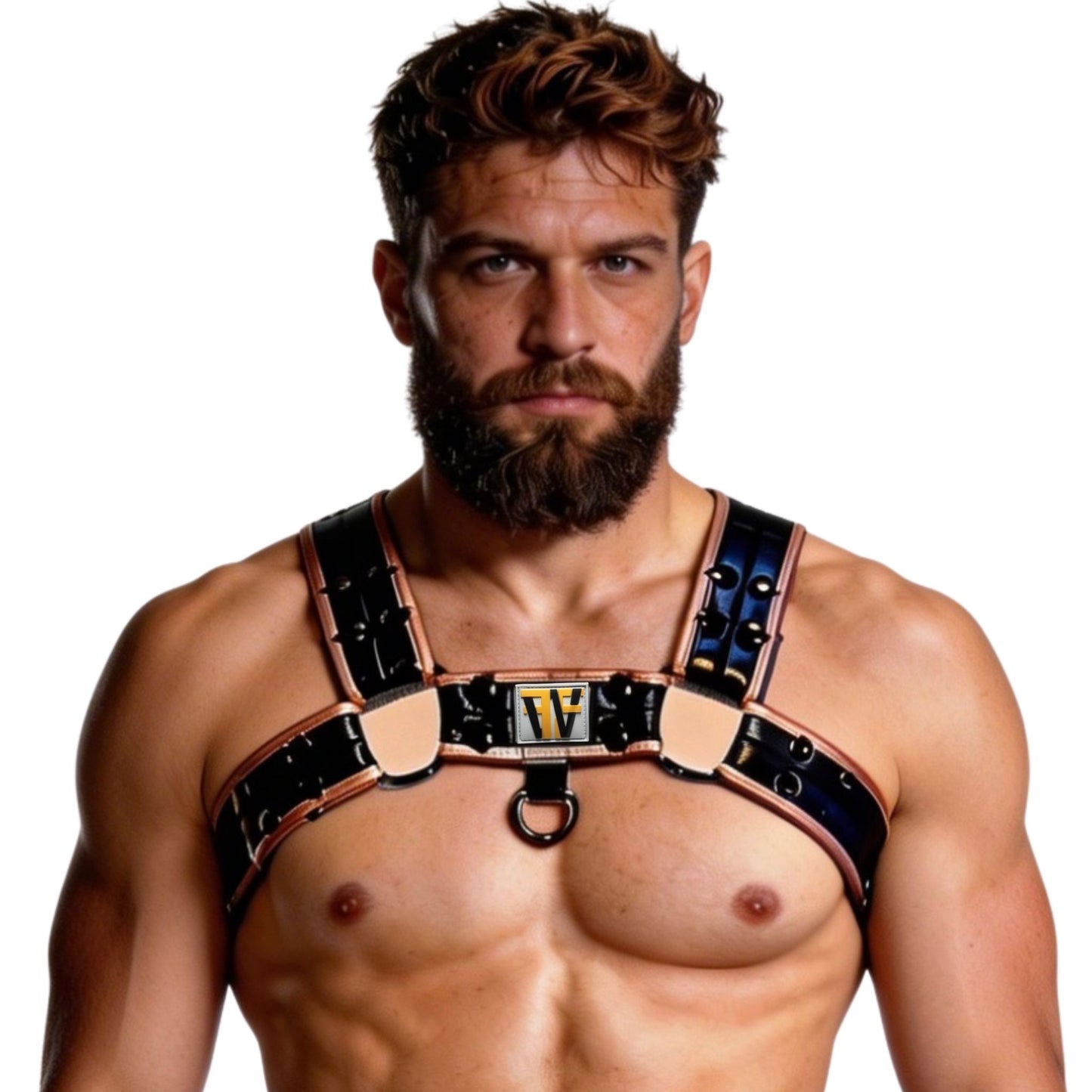 Man wearing a leather harness on a white background