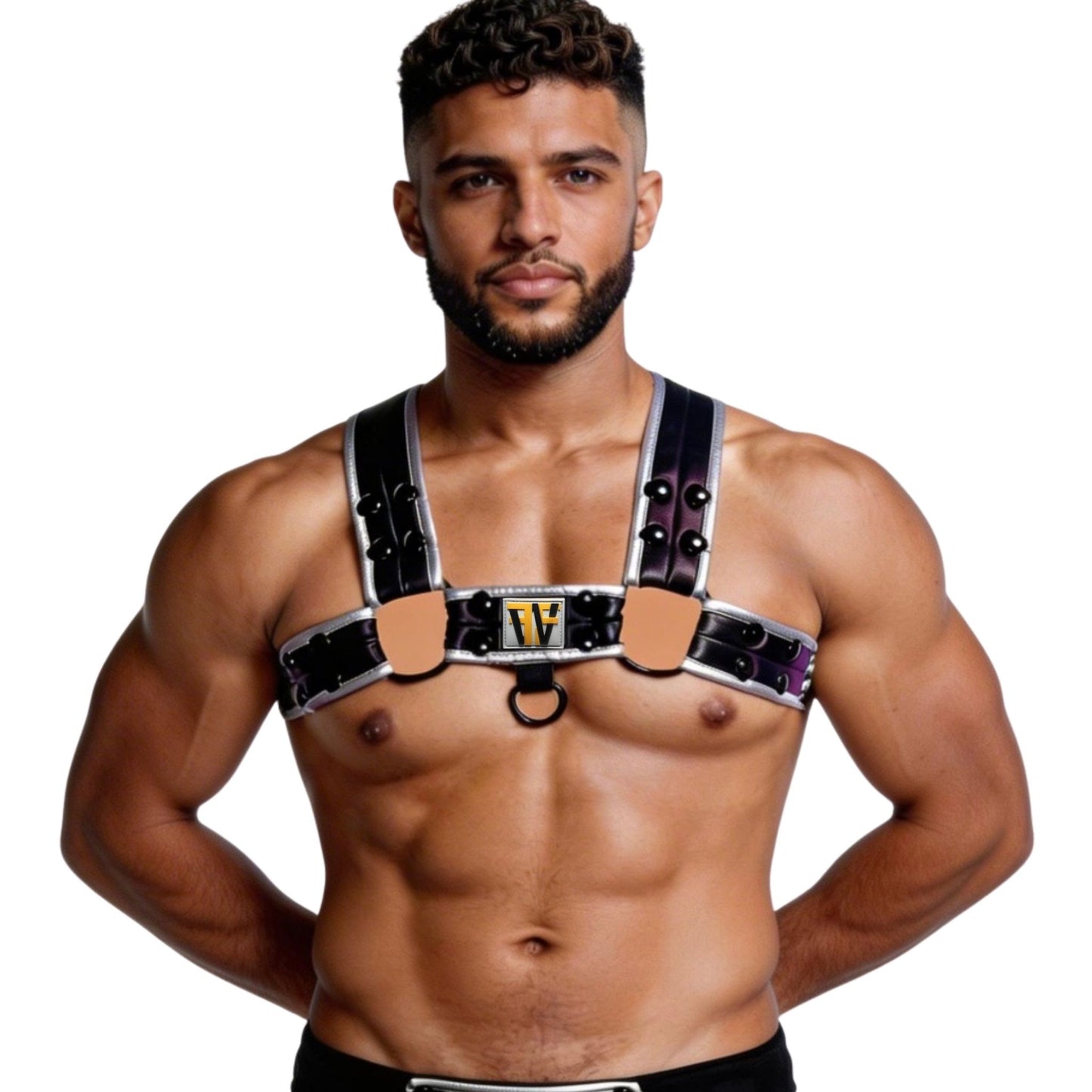 Man wearing a harness with a white background