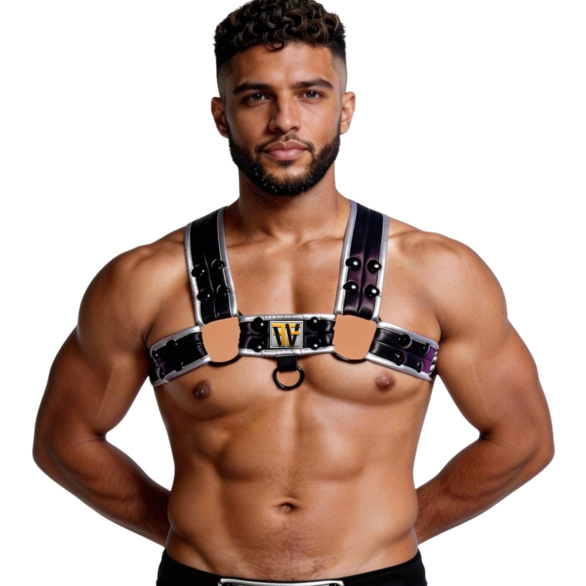 Man wearing a harness with a white background