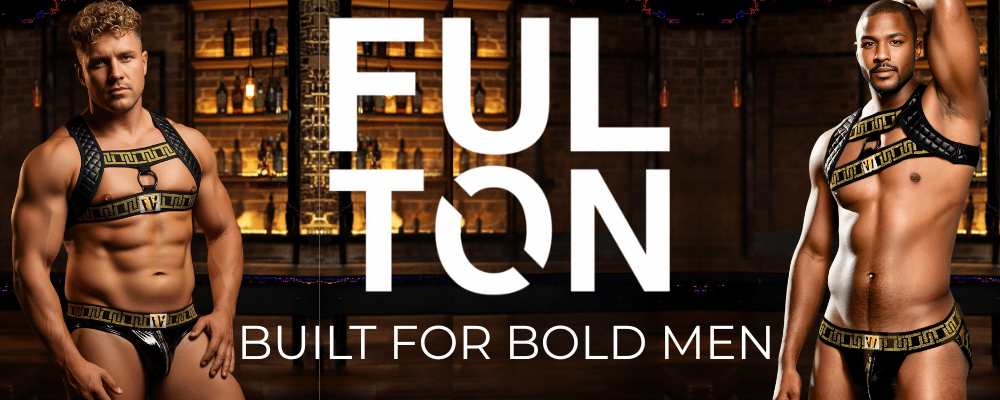 Two men wearing harnesses with 'Fulton' branding in a dark setting. with the tagline "built for bold men"
