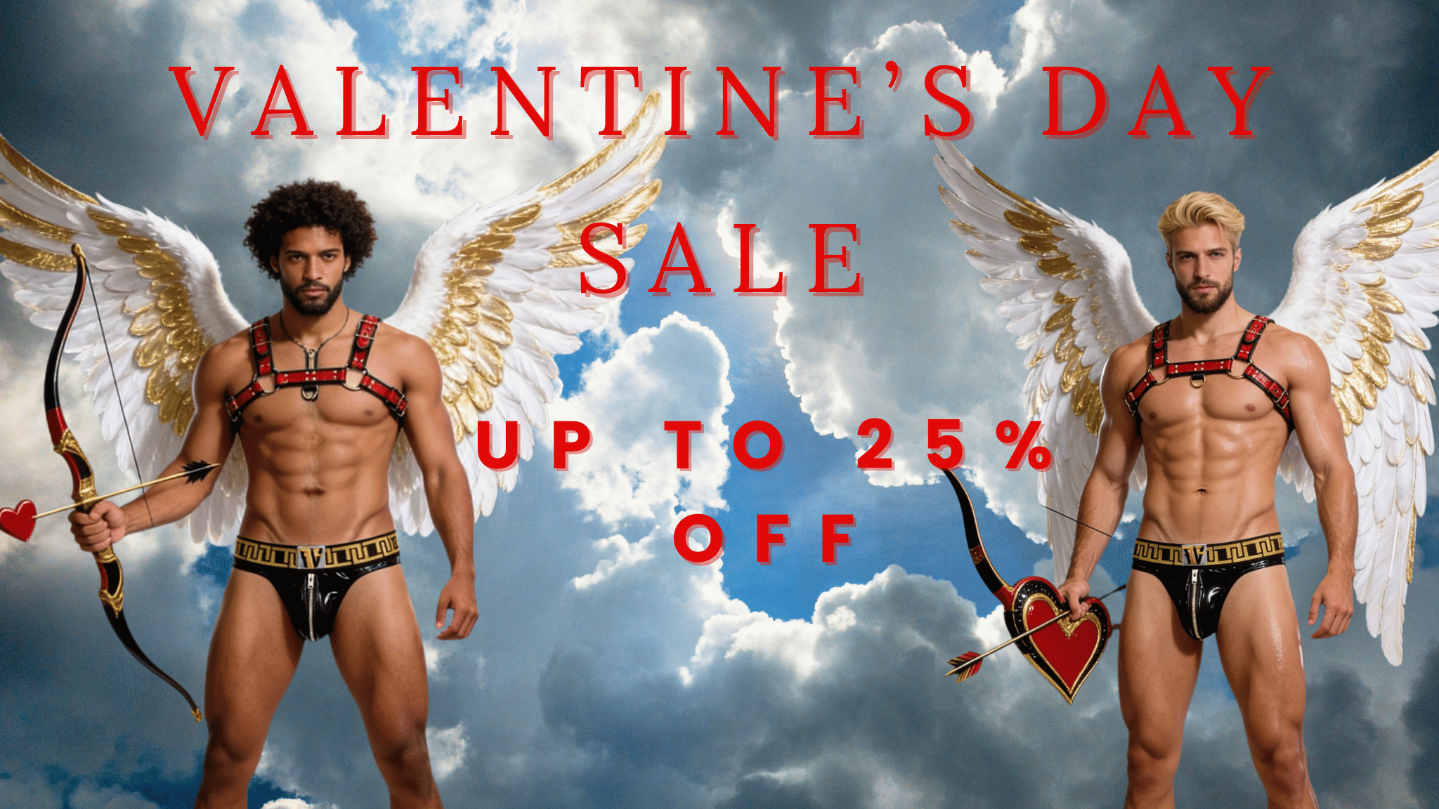 Two men with angel wings holding bows and arrows against a cloudy sky with Valentine's Day sale text.