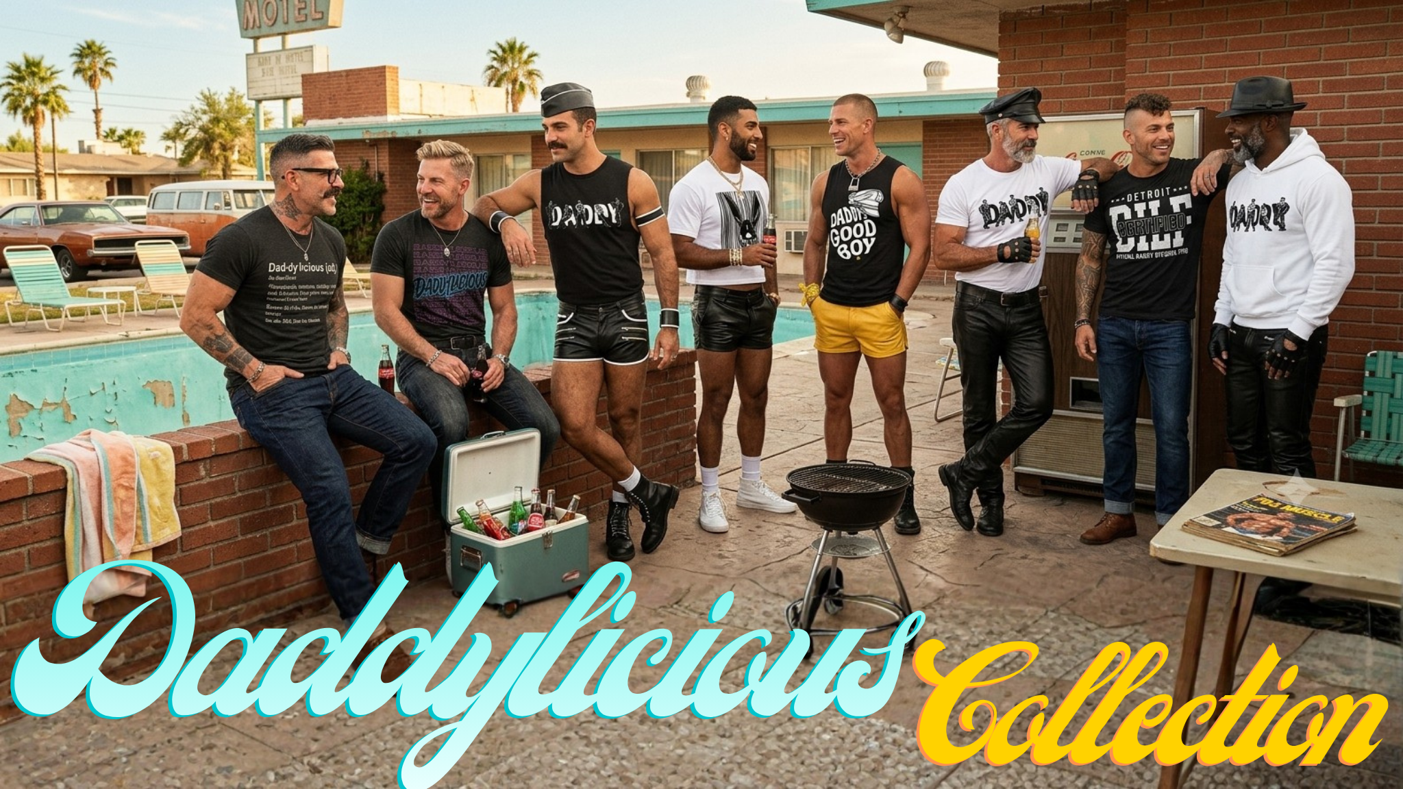Group of men posing outdoors with 'Daddylicious Collection' branding.