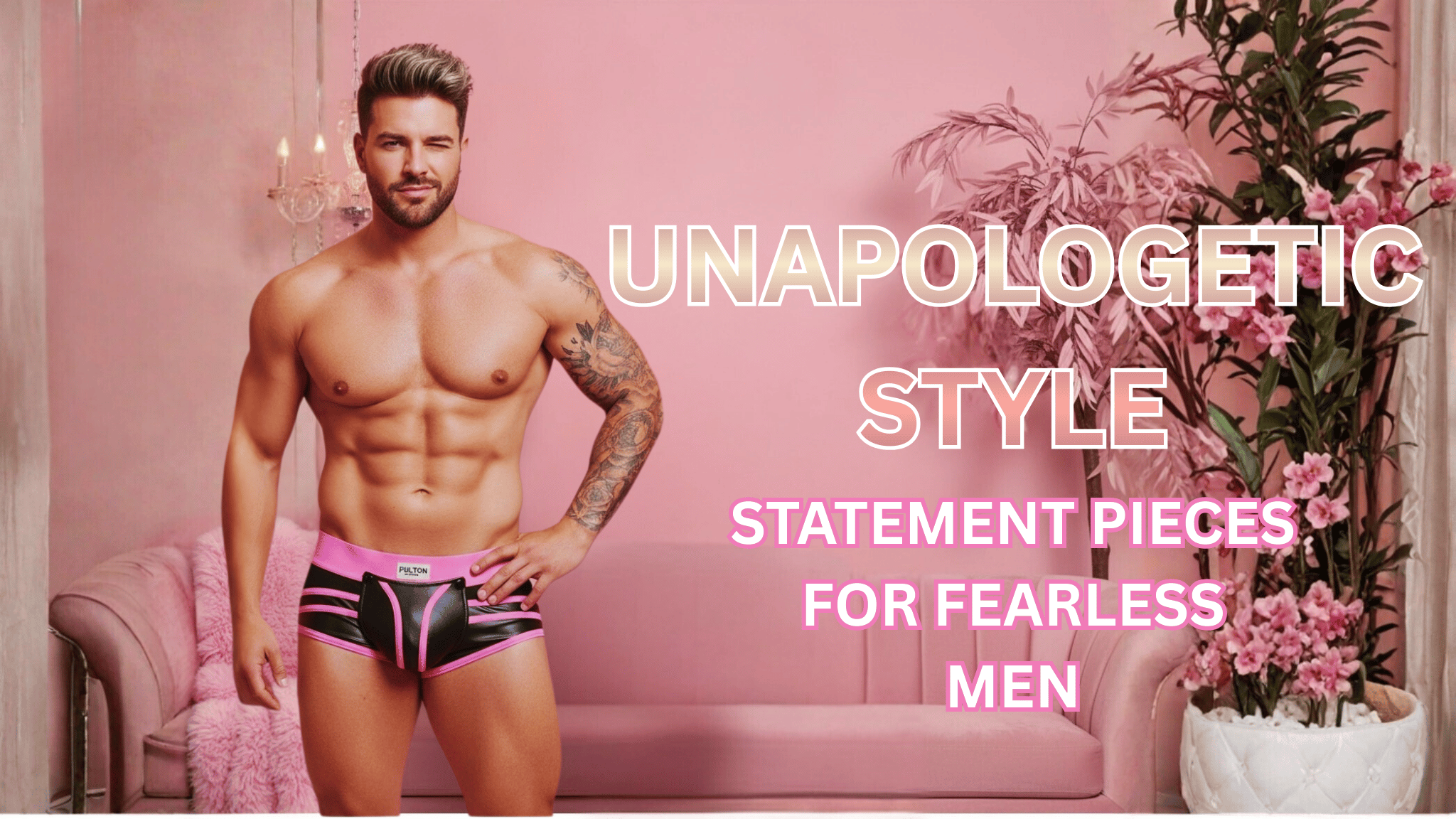 Man wearing pink and black underwear with text about style and fearless men in a pink room.