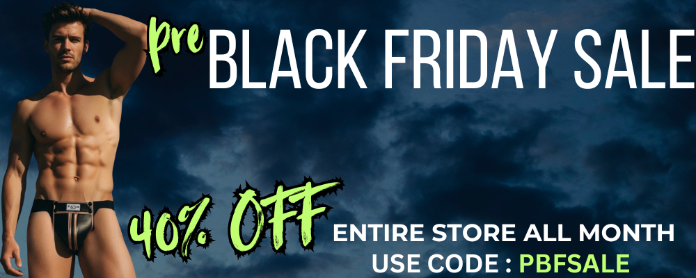 Promotional banner for a Black Friday sale with a man in underwear against a dark background.