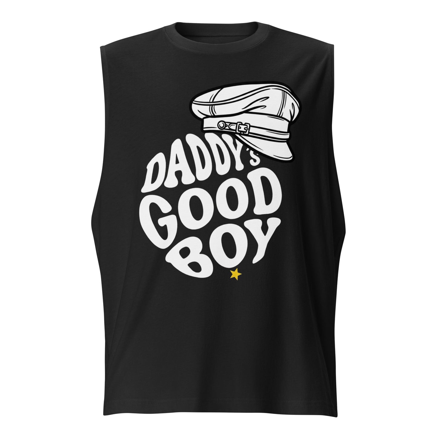 Black sleeveless shirt with 'Daddy's Good Boy' text and cap graphic on a white background