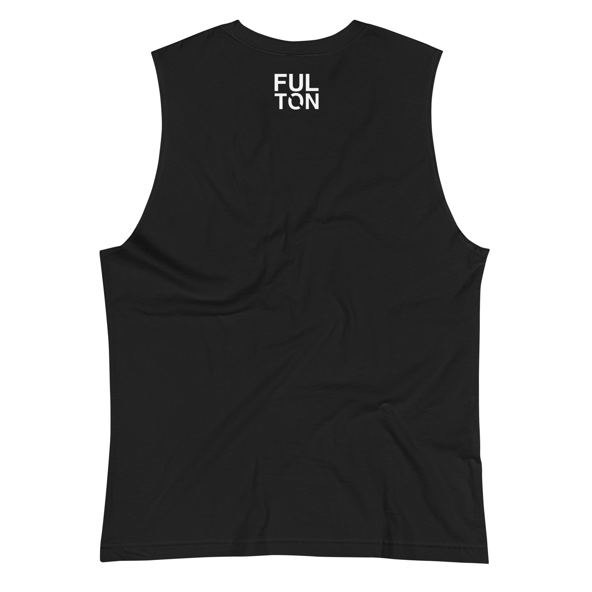 Black sleeveless shirt with 'FUILTON' text on a white background