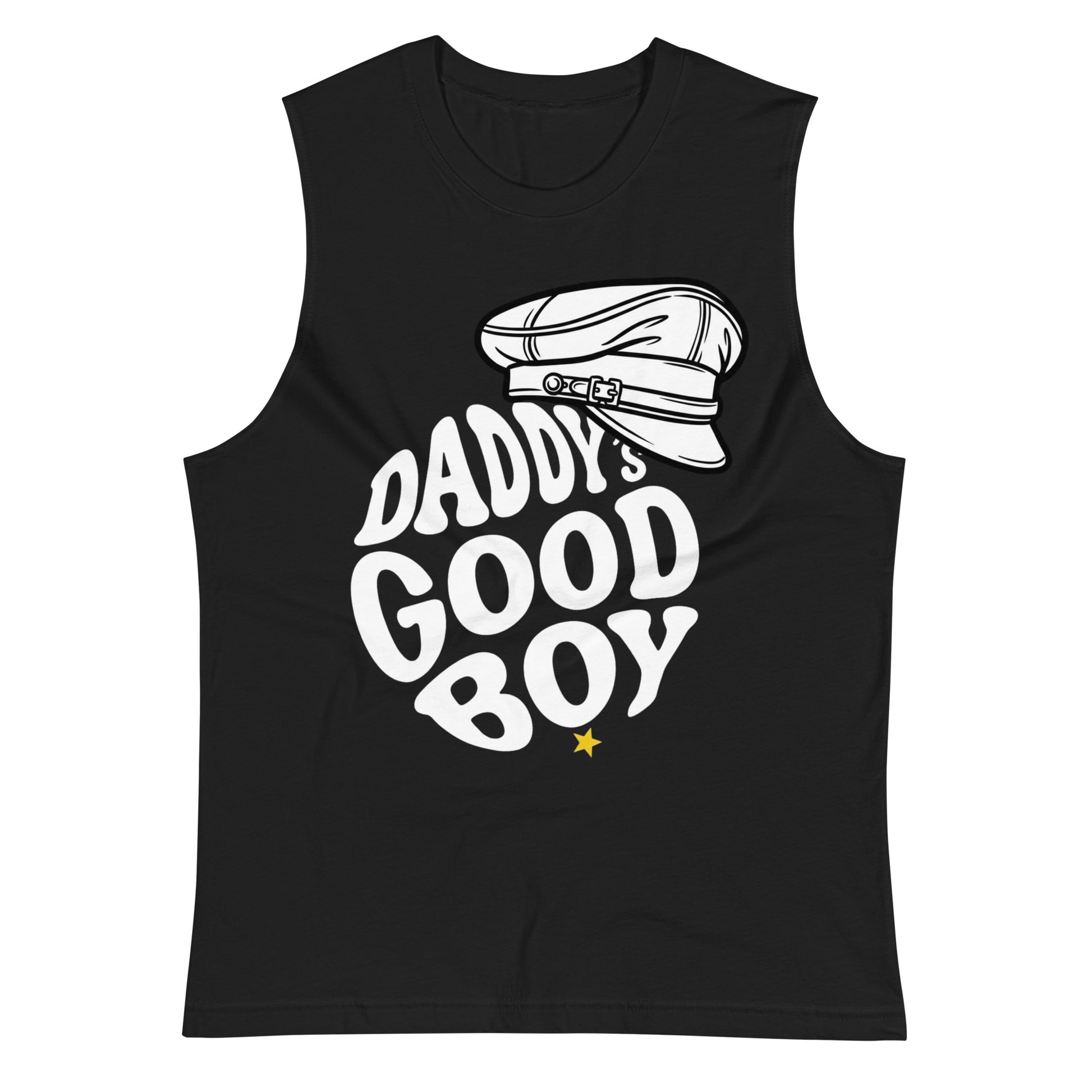 Black sleeveless shirt with 'Daddy's Good Boy' text and cap graphic on a white background