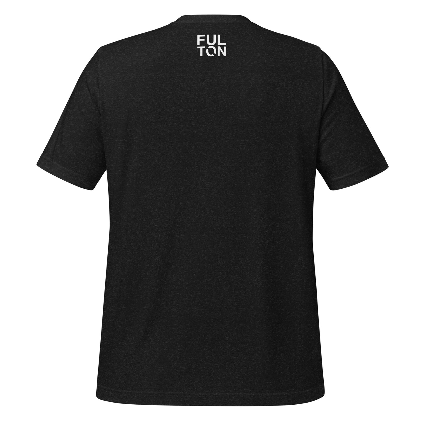 black t-shirt with FULTON logo text on the back against a white background