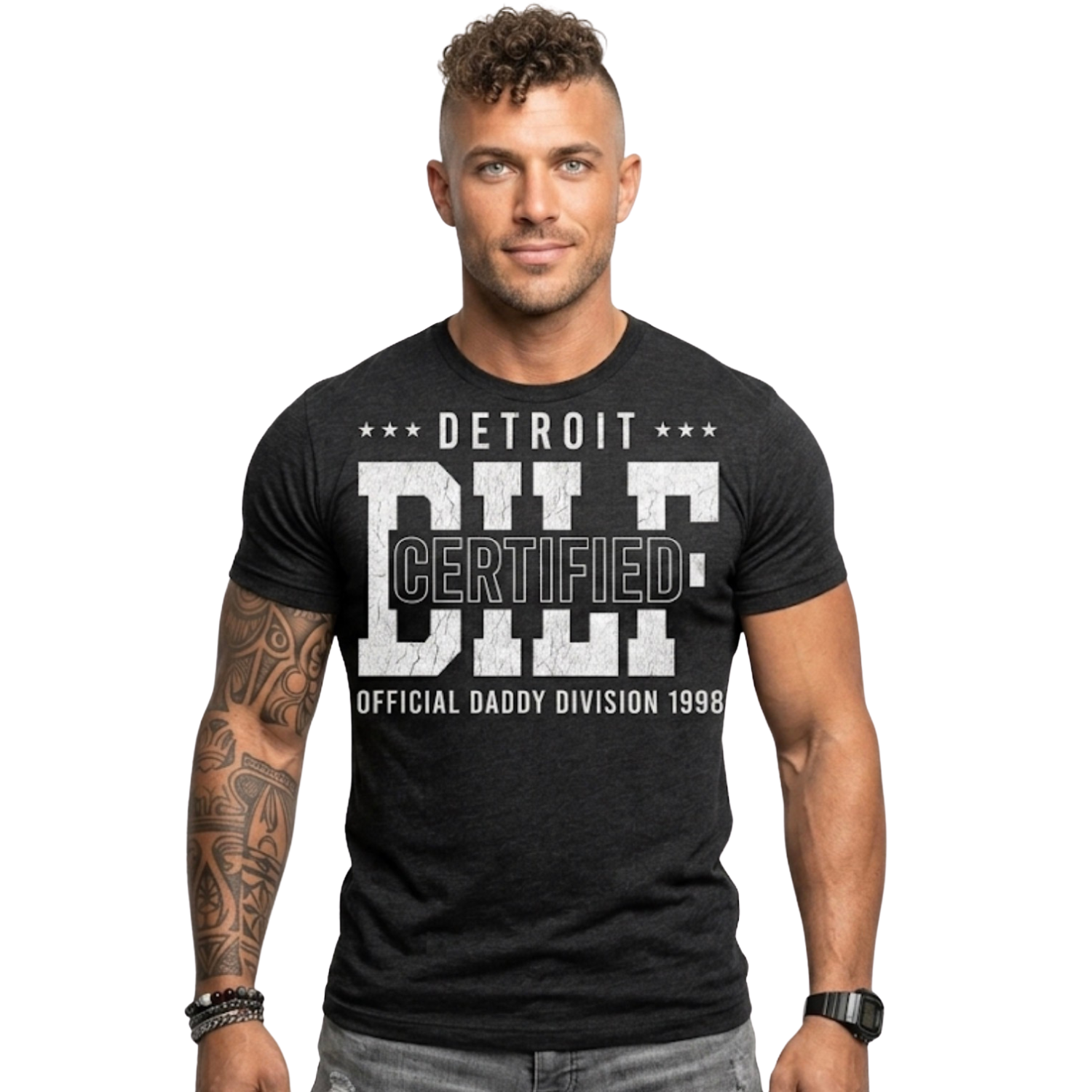 Man wearing a black t-shirt with 'Detroit Certified Daddi' text on a white background