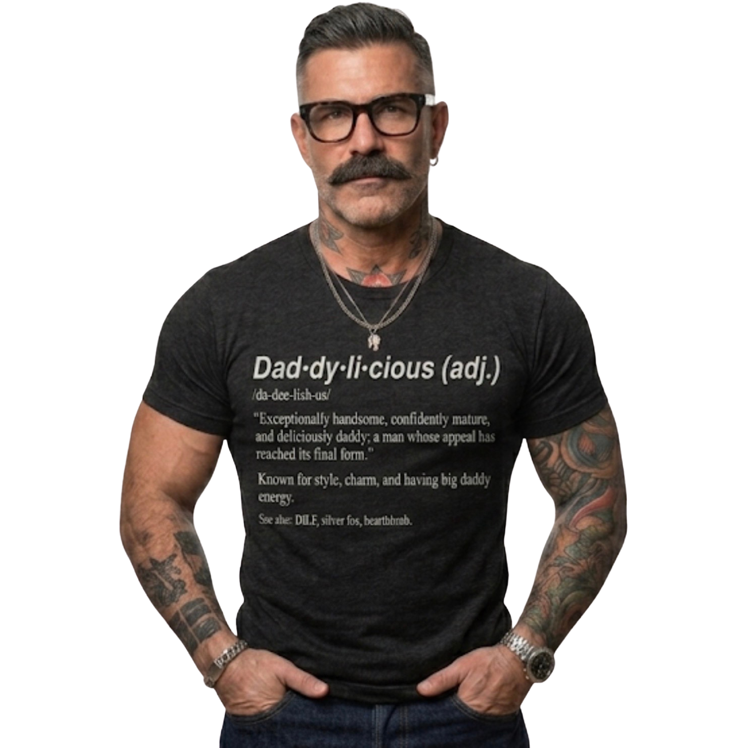Man wearing a black t-shirt with a definition of 'Dad-ly-icious' text on a white background
