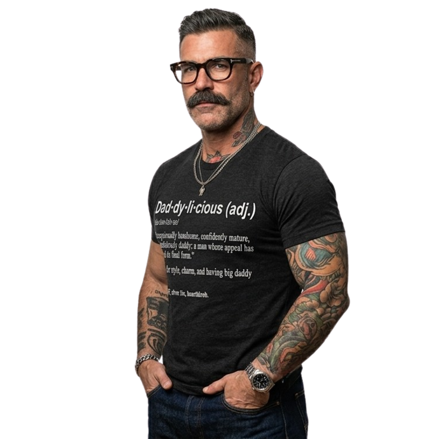 Man wearing a black t-shirt with text, standing against a white background